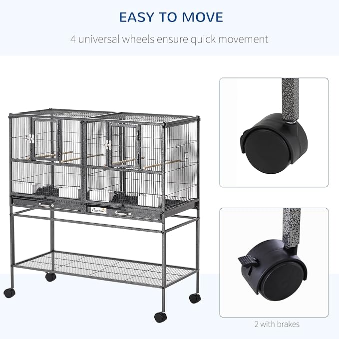 PawHut Divided Breeder Bird Cage with Rolling Stand Removable Metal Tray, Storage Shelf, Wood Perch, and Food Container