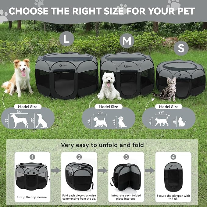 Dark Grey Puppy Playpen for Large Dog Cat, Dogs Tent Crates Cage Indoor/Outdoor, Portable Pop Up Dog Kennel with Carrying Bag for Rabbits, (Dark Grey, Large)