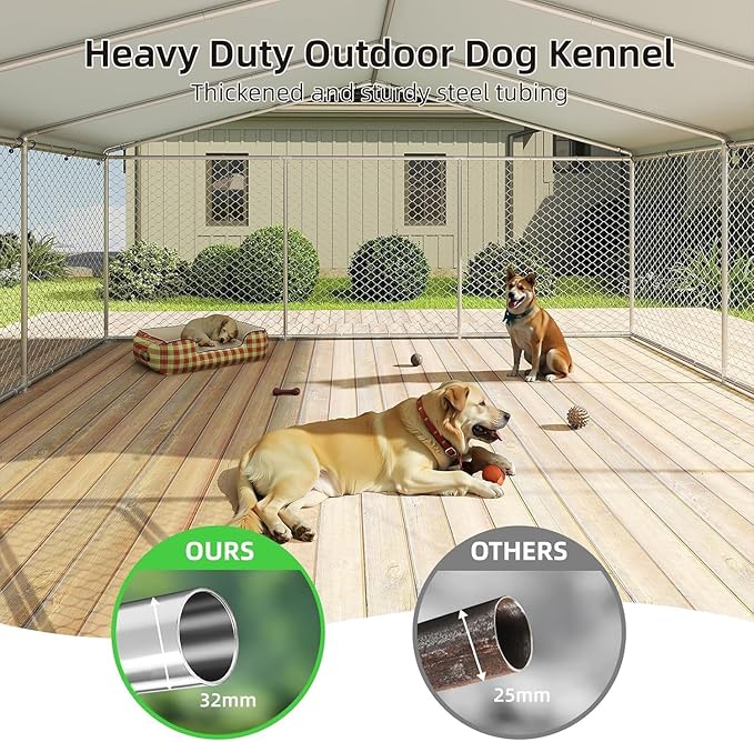 10x10 FT Outdoor Dog Kennel Outside with Metal Large Dog Gate, Outdoor Dog Pens with Roof, Heavy Duty Dog Kennel for Backyard Farm Use (124x124x87IN)