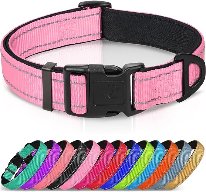 Joytale Reflective Dog Collar, Soft Neoprene Padded, Metal D-Ring, Nylon Pet Collar Adjustable for Extra Large Dogs, Pink, XL