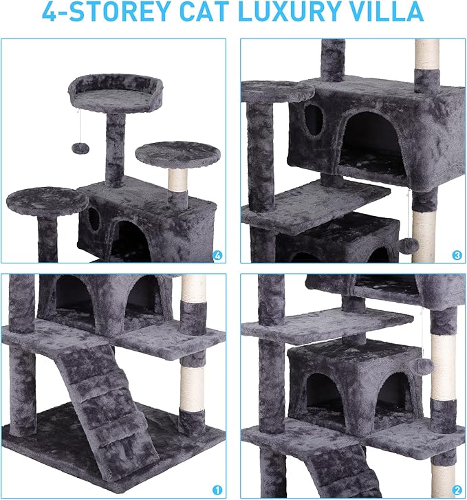 54-Inch Cat Tree for Large Cats, Sturdy Multi-Level Cat Tower with 2 Condos, Hanging Ball and Sisal Scratching Posts, Durable Cat Furniture for Indoor Cats (Dark Grey)