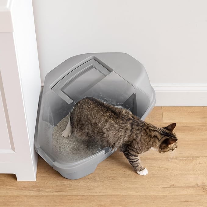 IRIS USA Corner Cat Litter Box Enclosed with Scoop - Privacy and Easy Access for Cleaning, Odor Defensive Hooded Litter Tray, Sturdy Stain Resisting Plastic, Fits in Most Corners, Gray