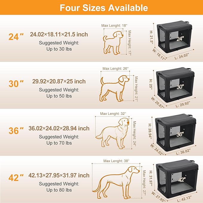 Dog Travel Crate 24 Inch, Portable Soft-Sided Travel Carriers for Dogs and Cats, Foldable Pet Kennel with 3-Doors Mesh Windows Indoor & Outdoor, Black