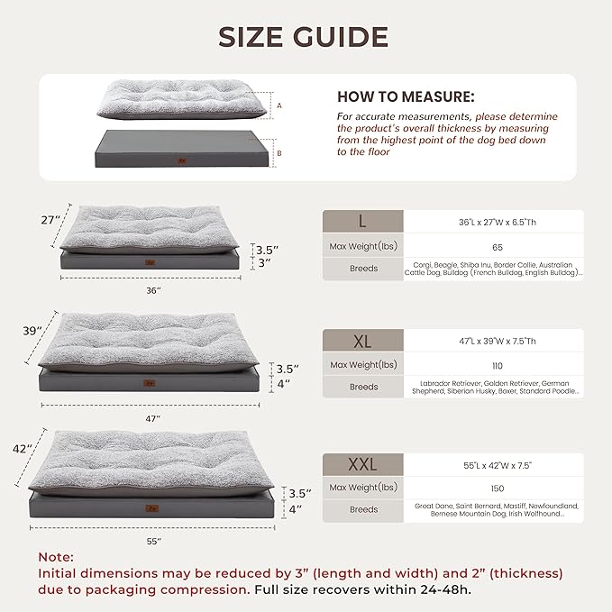 2-Pack XL Waterproof Dog Bed Large Size Dogs, Plush Cushion & Orthopedic Egg-Crate Foam Mattress for Senior Dogs, Washable Dog Crate Bed with Removable Cover, Dark Grey