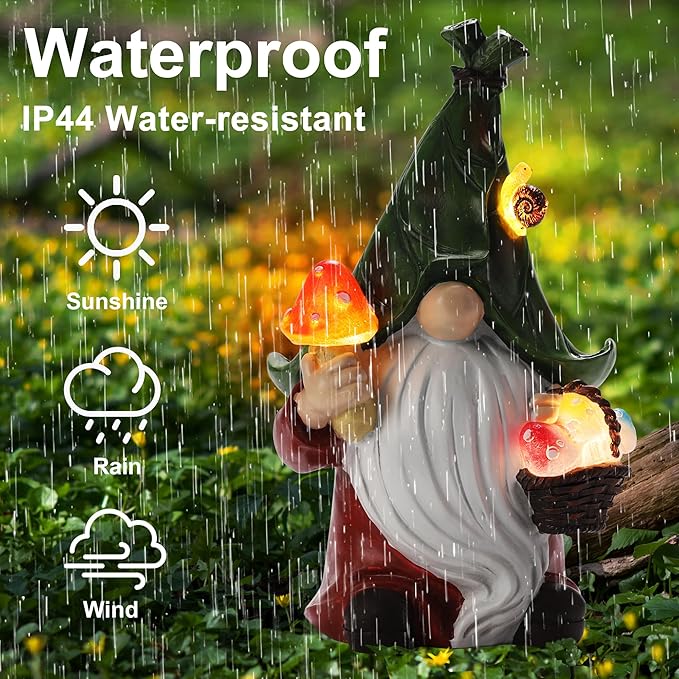 Gnome Solar Garden Statue with 3 LED Lights, Mushroom-Picking Gnome Statue Outdoor Decor for Patio, Yard, Balcony, Lawn Ornament, Unique Gift for Mom, Grandma Christmas, Valentines Day Decorations