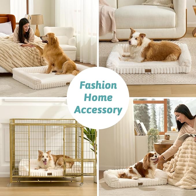 Cute Dog Bed for Small Dogs, Faux Rabbit Fur Orthopedic Foam Dog Bed with Sides, Removable Washable Cover & Waterproof Lining, Comfortable Pet Couch, Cream (30" L x 20" W x 6" Th)