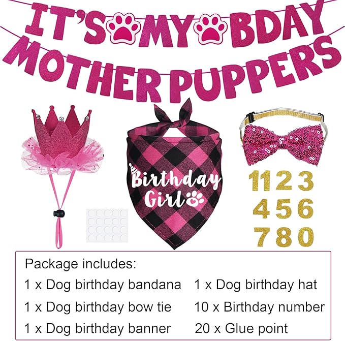 Dog Birthday Decorations, Multi Sizes Dog Birthday Bandana Girl Dog Birthday Hat Crown Bow Tie Birthday Numbers It’s My Bday Mother Puppers Sign Banner for Medium Large Dogs Pets (Pink, Large)