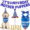 Dog Birthday Decorations, Dog Birthday Hat with Numbers Bandana Bow Tie It’s My Bday Mother Puppers Banner for Small Medium Large Dogs Pets Supplies(Blue)