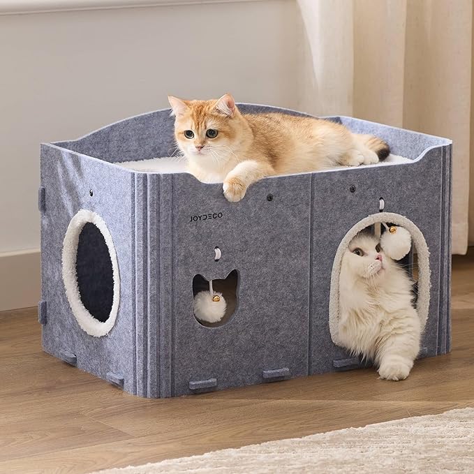 Joydeco Cat House for Indoor Cats, Extra Wide Scratch Resistant Felt Cat Condo, Hideaway Pet Cave Bed with Fluffy Ball and Tunnel for Kitten, Small Dogs, Rabbits, 22.4 x 13.7 x 14.9, Grey