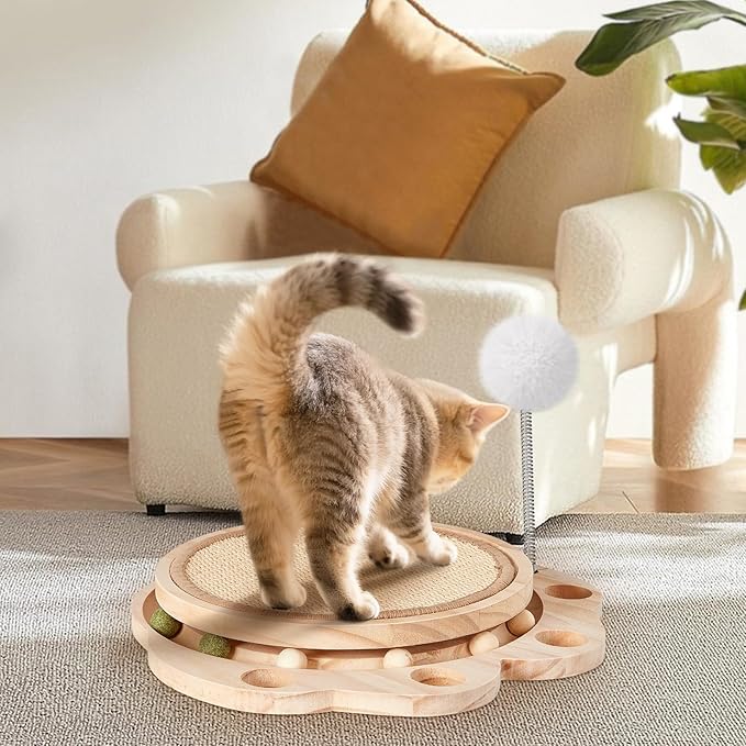 Cat Scratcher-Cat Interactive Toys, Ball Track Toy with Sisal Scratching Pad, 6 Track Balls & 1 Spring Ball – No Assembly Cat Toys and Balls Activity Center for Indoor Cats