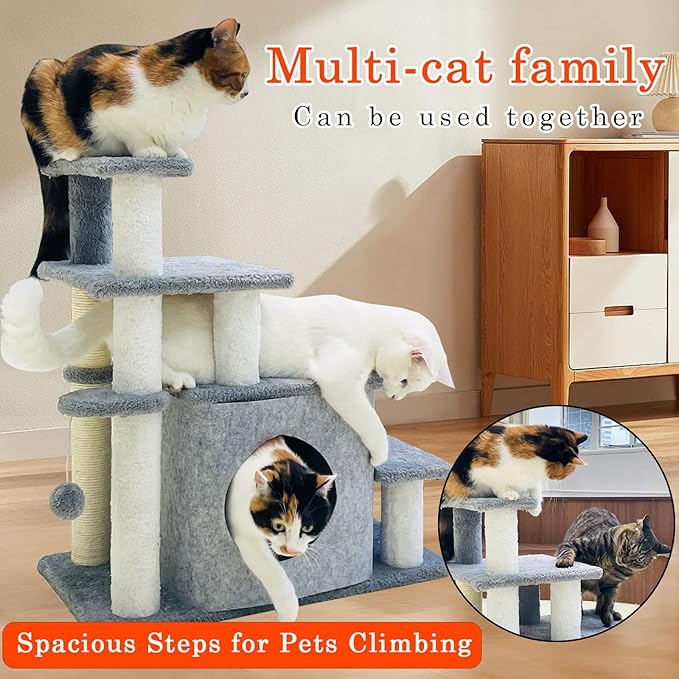 25.6in Cat Tree Tower, Cat Condo with Sisal-Covered Scratching Posts, Cat House Activity Center Furniture for Kittens, Cats and Pets - Dark Gray ﻿