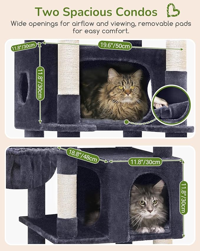 Globlazer Heavy Duty Cat Tree, 74in Sturdy Cat Tower for Large Cats Adult, Big Cat Tree with 7 Sisal Scratching Posts, 2 Padded Condos, 2 Dual-Ear Hanging Baskets, Enlarged Top Perch, S74, Dark Grey