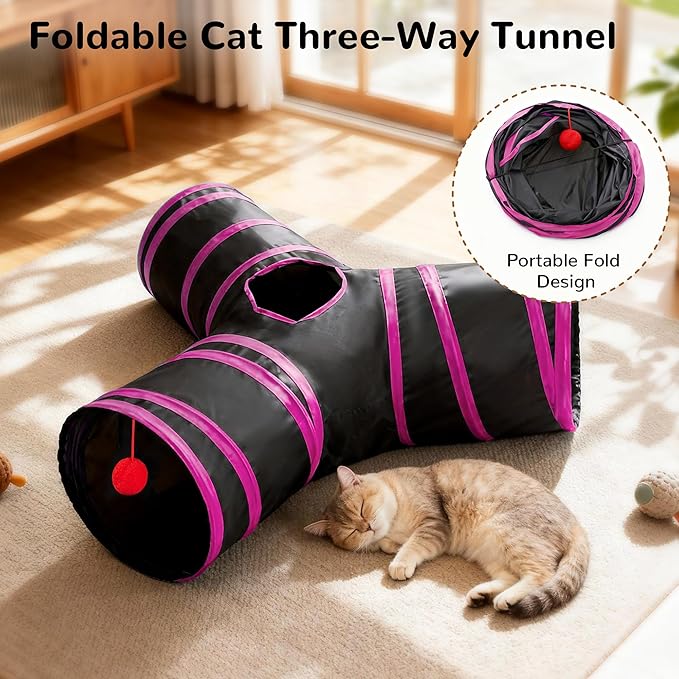 Tempcore Pet Tube Toys 3 Way Collapsible, Cat Tunnels for Indoor Cats，Kitty Bored Pet Toys with Peek Hole & Ball Cat, Puppy, Kitty, Kitten, Rabbit, Rose Red