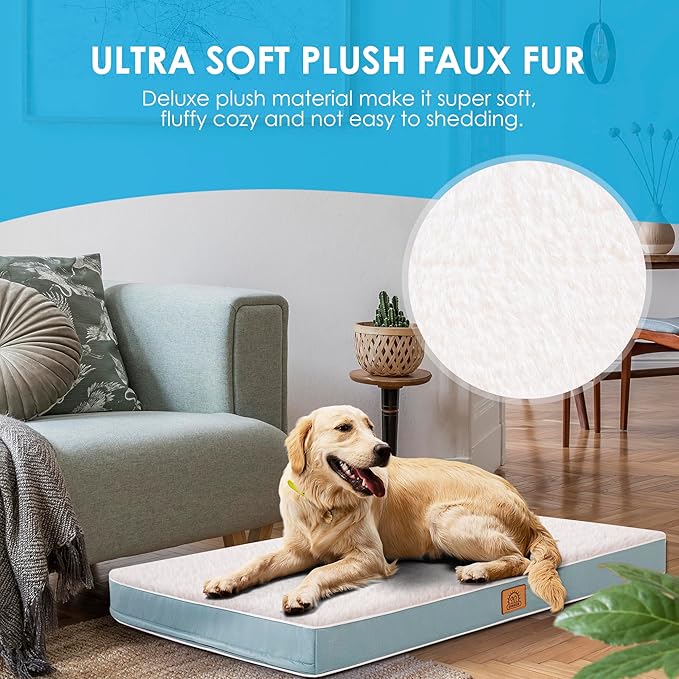 Extra Large Orthopedic Dog Bed for Big Dogs - XL Waterproof Dog Bed with Removable Washable Cover & Anti-Slip Bottom, Crate Bed, Deluxe Plush Pet Bed Mat (Blue)