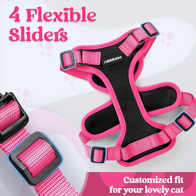 rabbitgoo Cat Harness and Leash Set, Escape Proof Soft Adjustable Vest Harnesses for Outdoor Walking, Easy Control Breathable Kitten Jacket with Reflective Strips, Black & Rose Pink, M