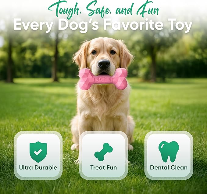Natural Rubber Dog Chew Bone – Treat-Dispensing, Tough & Indestructible Chew Toy – Safe for Aggressive Chewers – Dental Health & Boredom Relief (Pink)