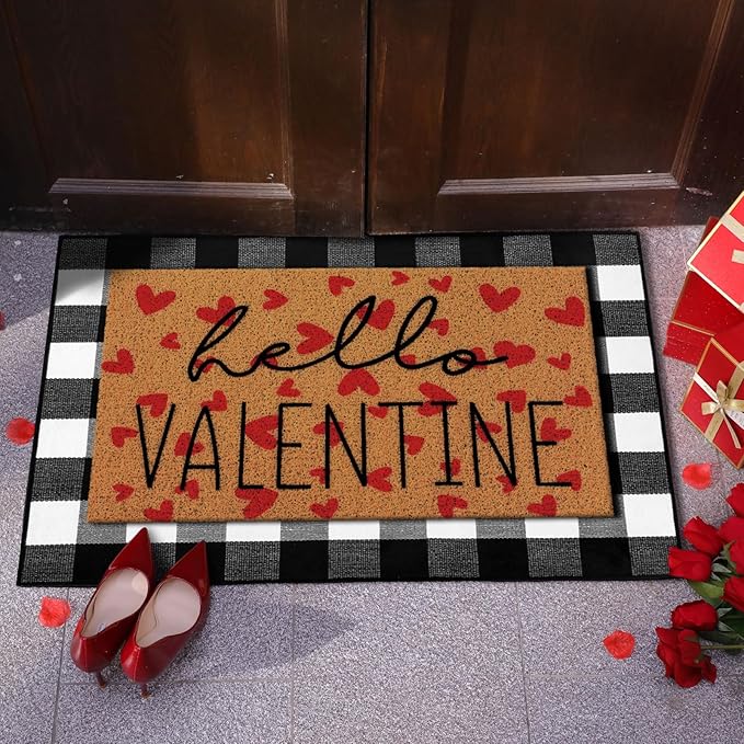 Tinideya 2 Pcs Valentine Door Mat Hello February 14th Welcome Non Slip Coir Mats Red Heart Black and White Plaid Floor Layering Doormats Seasonal for Front Porch Entryway Decor(Valentine)