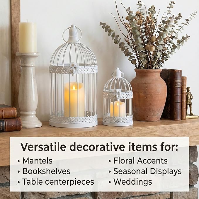 Vela Lanterns Bird Cage Decor Candle Holder Lantern Decorative Wedding Table Centerpiece Decorations, 10" and 6" Tall, White, Set of 2