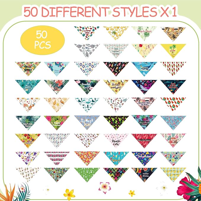 Chunful 50 Pcs Dog Bandanas Bulk Summer Flora Dog Bandanas Pet Triangle Scarf Bib Seasonal Pet Costume Adjustable Cat Outfit Washable Bids Kerchief for Small Medium Puppy