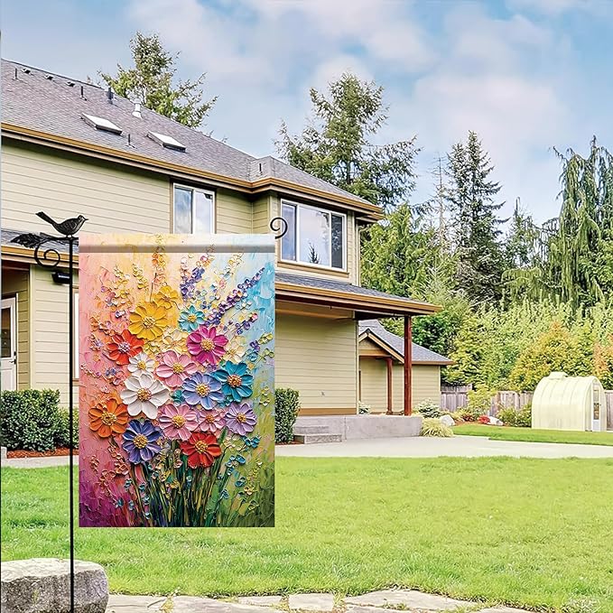 12x18 Inch Spring Garden Flag Colorful Flower Oil Painting Style Yard Banner Artistic Textured Floral Design Double Sided Outdoor Decoration for Lawn Patio Home Seasonal Garden Flag