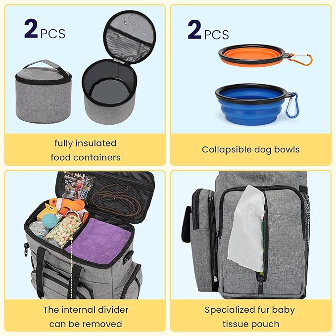 Modoker Dog Travel Organizer with 2 Collapsible Bowls for Supplies & Accessories, Airline Approved Dog Tote Pet Travel Bag with 2 Travel Food Container