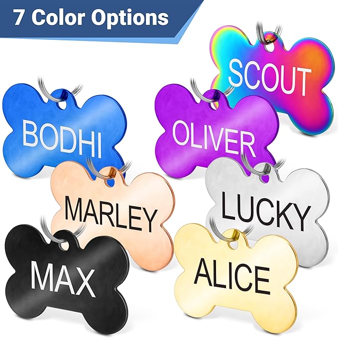 GoTags Stainless Steel Pet ID Tags, Personalized Dog Tags and Cat Tags, up to 8 Lines of Custom Text, Engraved on Both Sides, in Bone, Round, Heart, Bowtie and More (Rectangle, Regular (Pack of 1))