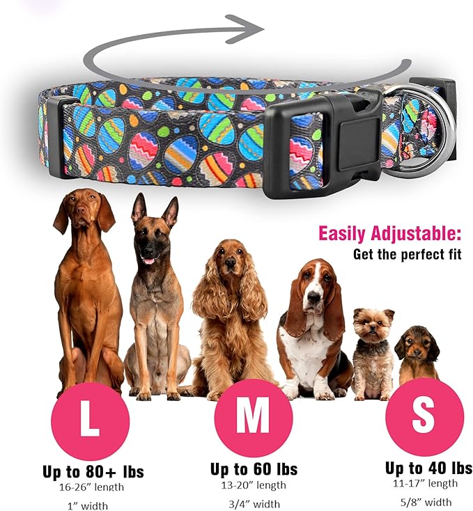 Native Pup Easter Dog Collar, Cute Spring Gift for Puppies, Pink Pastel, Eggs, Chicks, Bunny Adjustable for Small, Medium, Large Breeds (Eggs, Large)
