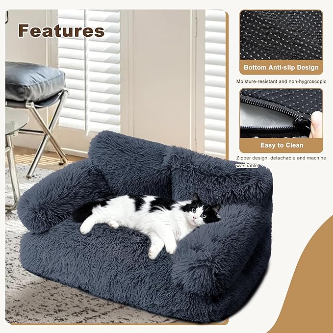 Cat Beds for Indoor Cats, Dog Couch Bed, Cute Cat Couch Sofas, Small Dog Sofas & Chairs with Removable Washable Cover, Warm Soft Pet Furniture for 20lbs Small Dog & Cat, Plush Dark Grey