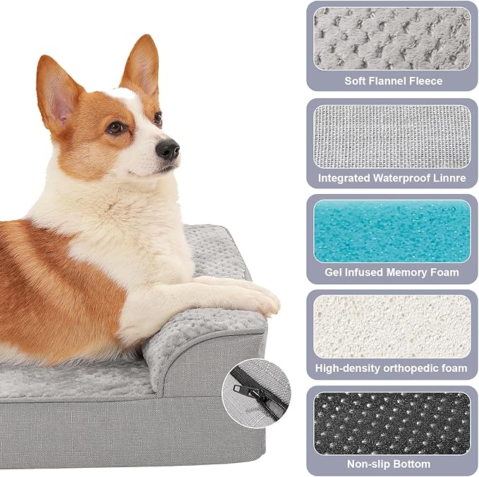 Orthopedic Dog Beds for Large Dogs, Memory Foam Dog Beds Large Sized Dogs, Washable Removable Cover, Nonskid Bottom, Waterproof, for Indoor, Outdoor, Crate ＆ Car Use, 44x32x6 Inches, Light Grey