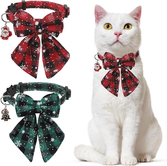 Christmas Cat Collar with Bells & Cute Pendant - Breakaway with Removable Bow Tie for Girl Boy Cats, 2 Pack Holiday Kitten Collar Safety Adjustable