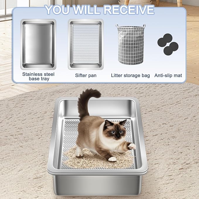 Teheao Stainless Steel Sifting Cat Litter Box for Clumping Litter, Kitty Large Metal Sifter Tray Pan with Cat Litter Bag, Low Dust, Odor Control, Easy Cleaning (15.7"*11.8"*5.9")