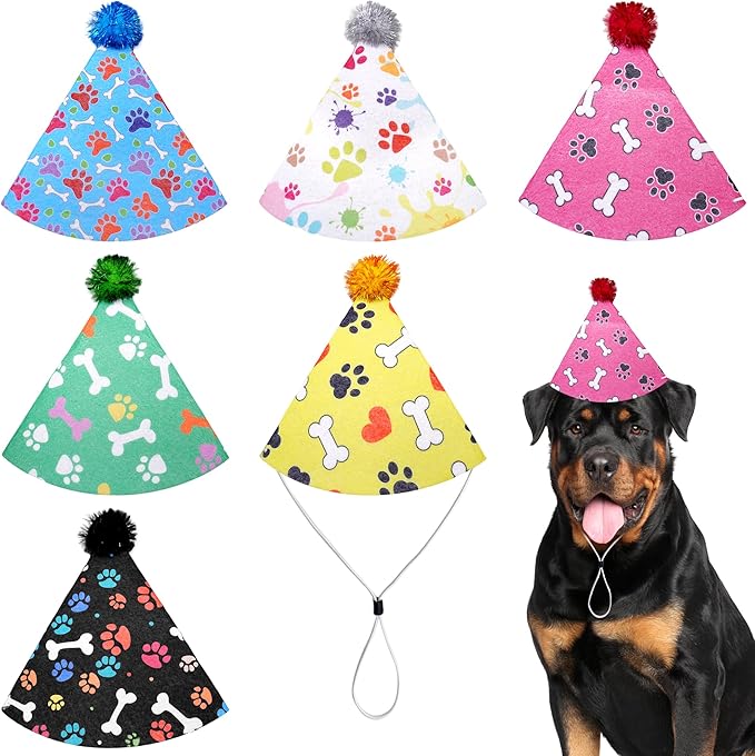 6pcs Dog Birthday Party Hats Felt for Large XL XXL Giant Breed Dogs Paw Bone Print with Pompons for Holiday Birthday Wedding Costume Head Wear Accessories