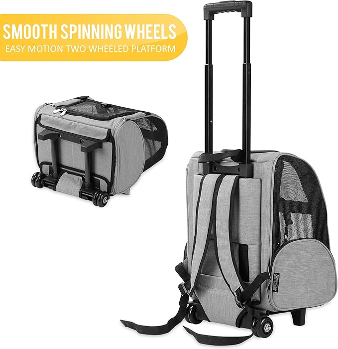 KOPEKS Deluxe Backpack Pet Travel Carrier with Double Wheels for Pets up to 18 Pounds - Grey