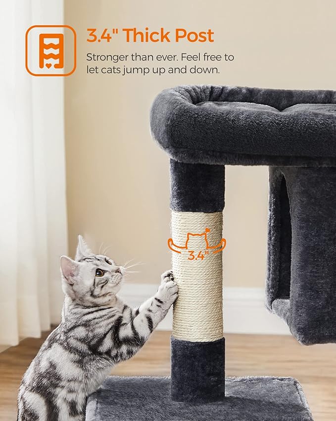 Feandrea Cat Tree, 33.1-Inch Cat Tower, Plush Condo for Large Cats up to 16 lb, Large Perch, 2 Caves, Scratching Post, Smoky Gray UPCT61G