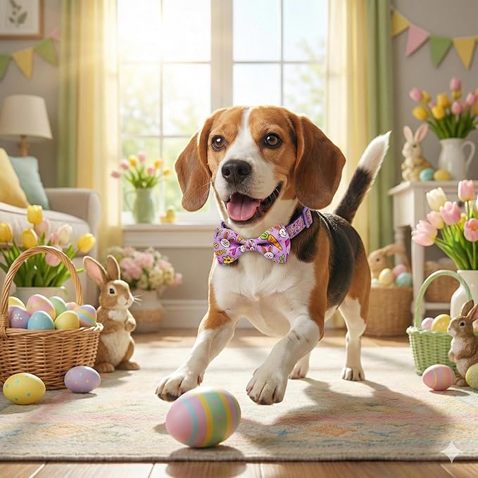 Easter Dog Collar with Bow Tie Set, Adjustable Purple Bunny and Carrot Pattern Pet Collar, Cute Spring Flower Holiday Neckwear for Small, Medium, and Large Dogs