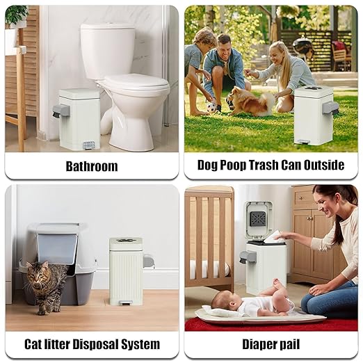 Dog Poop Trash Can for Outside & Indoor, 5L/1.3Gal Small Odor Control Pet Waste Bin with Carbon Filter, 2-Way Open (Step & Press Top), Dog Waste Container with Trash Bag Holder, White