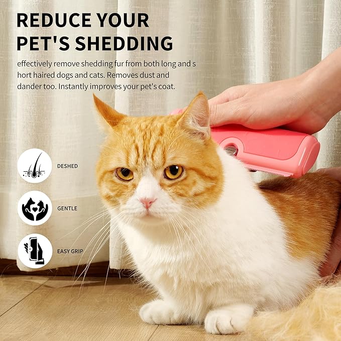 Cat & Small Pet Deshedding Brush & Shedding Blade, Gentle Undercoat Grooming Tool for Short & Medium Fur and Double Coats, Replaceable Metal Blade, Ergonomic Handle, Pink