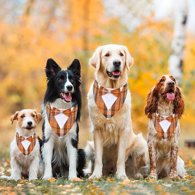 ADOGGYGO Fall Dog Tuxedo Bandana, Orange Plaid Pet Tux Collar with Bowtie, Adjustable Halloween Thanksgiving Formal Costume for Medium Large Dogs Pets (L)