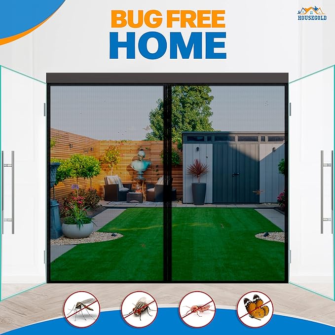 Magnetic Closure Screen Door for 62"x81" French Door Sliding Door Pet and Dog Friendly, Durable Fiberglass Mesh Double Door Screen Mesh Retractable Curtain, Keep Bugs. Mosquito Out, Fly Screen