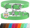 BRONZEDOG Leather Cat Collar with Removable Bells Non Breakaway Kitten QR Tag for Girl Boy (7" - 9" for Cats, Green & Silver)