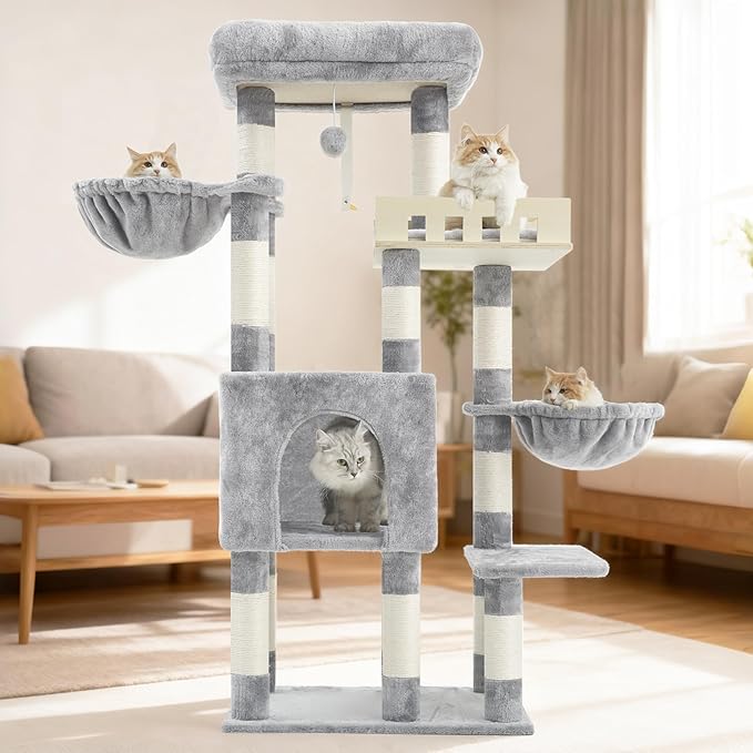 Cat Tree for Indoor Cats Large Adult, Heavy Duty Cat Tree for Large Cats 20 lbs+, Cat Condo with Big Wooden Perch, Cat Tower with 14 Scratching Posts, Hammock, Light Gray GCT023W
