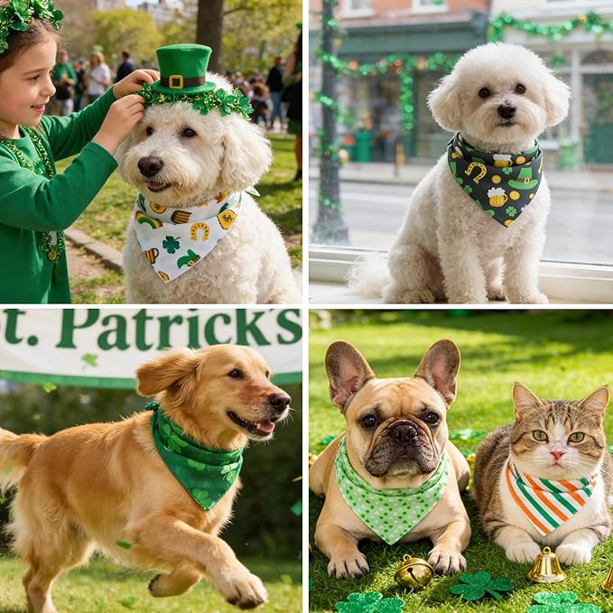 PAWCHIE St. Patrick's Day Dog Bandanas 4 Pack,Reversible Dog Party Triangle Scarf Bibs,Pet Holiday Costume with Adjustable Snaps,Multiple Patterns for Small Dogs Puppy,Cats Pets,Green S