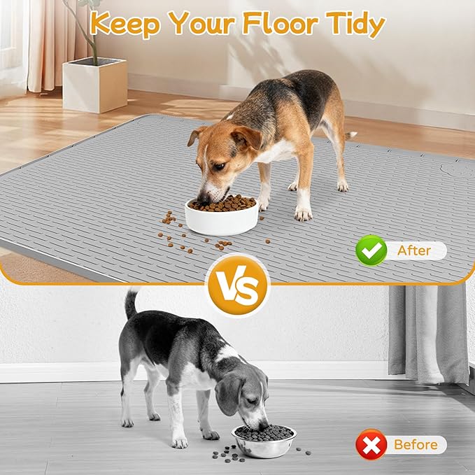 Lanstics Dog Food Mat, 40" x 28" Large Silicone Mat Dog Feeding Mat with Raised Edge Non-Slip Pet Feeding Mat for Food and Water Bowl, Easy to Clean, Floor Protection (Gray)