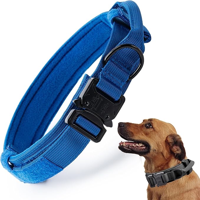 Tactical Dog Collar, Adjustable Military Training Nylon Dog Collar with Control Handle and Heavy Quick-Release Metal Buckle for Small Medium Large Dogs, Dark Blue L