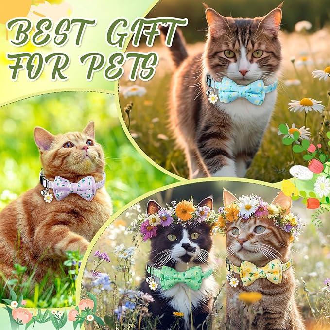 Hsei 6 Pcs Spring Cat Collars Bulk with Bow Tie Bell Breakaway Flowers Floral Daisy Kitten Adjustable Safety Bowtie Cute Collars for Small Dogs Pet Holiday Party Favors Gifts