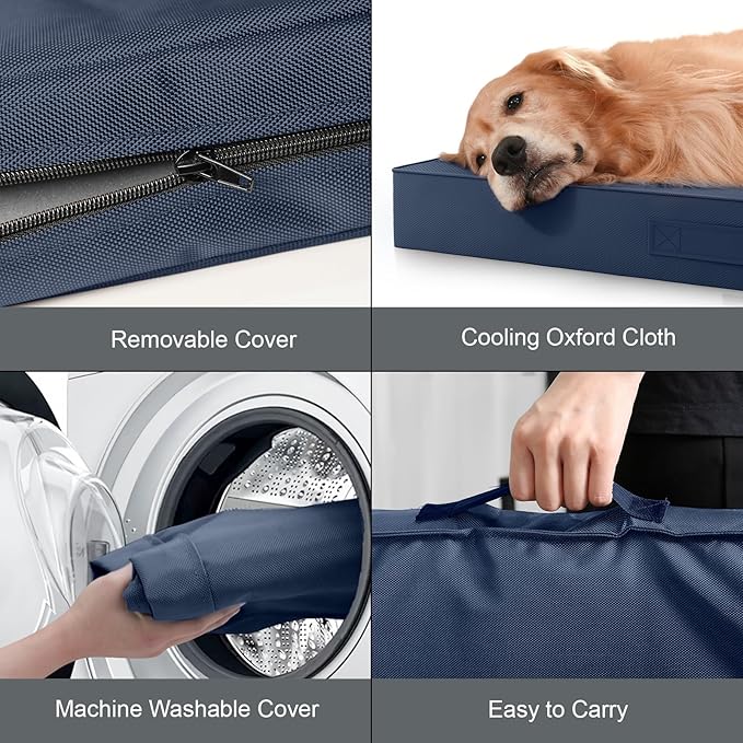 Outdoor Dog Bed for Small Dogs & Cats, Waterproof Dog Crate Mat Orthopedic Egg Crate Foam with Washable Removable Oxford Cover, Navy