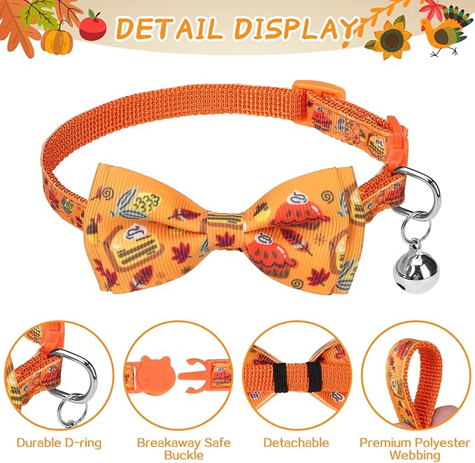 SCENEREAL Thanksgiving Cat Collar Breakaway, 3 Pack Kitten Collars with Bell, Bowtie and Safety Buckle - Adjustable Cute Holiday Cat Collars with Turkey and Pumpkin Pattern for Girl Boy