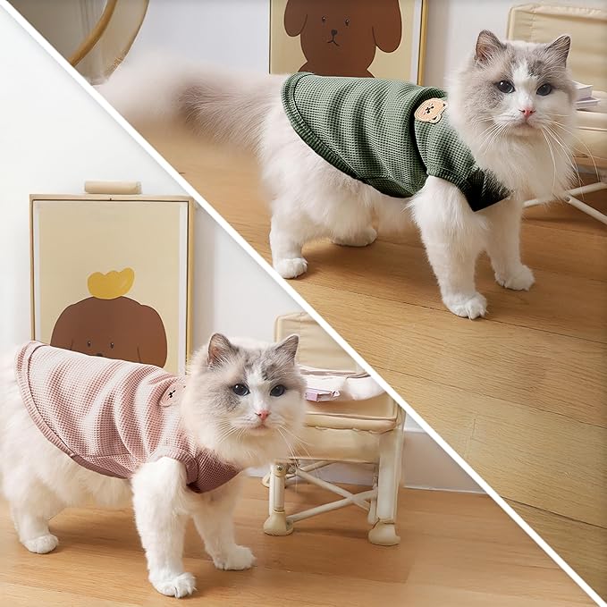 Waffle Knit Cat & Dog T Shirt for Small Dogs, Stretchable Puppy Shirt for Sphynx Cats & Small Breeds, Pet Clothes | Breathable Summer/Winter Apparel for Newborn(2PCS Large)