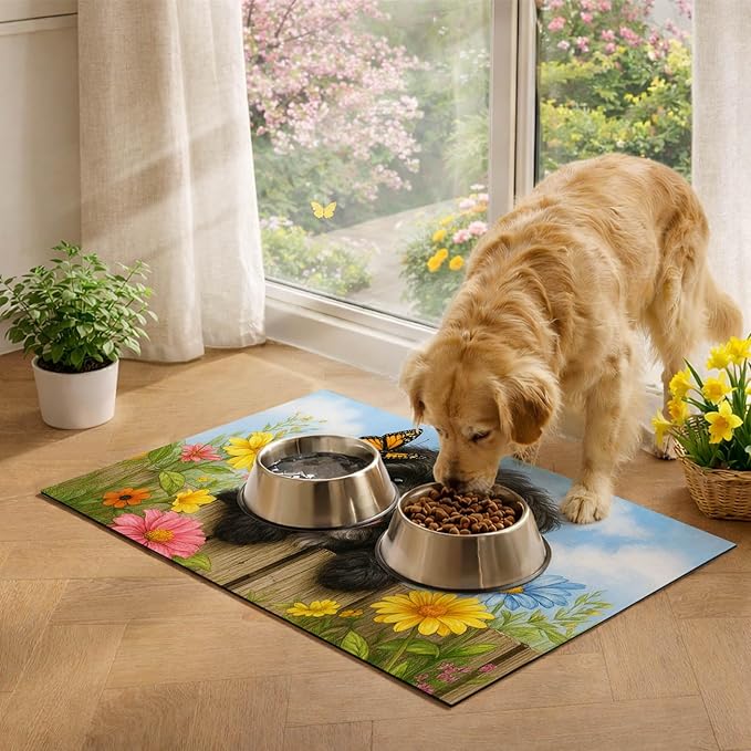 Spring Pet Feeding Mat 24" x 16"Puppy and Butterfly Floral Garden Design Non Slip Cat and Dog Bowl Mat Easy Clean Pet Food Mat Pet Placemat for Dog and Cat Feeding Area Kitchen Floor Decor