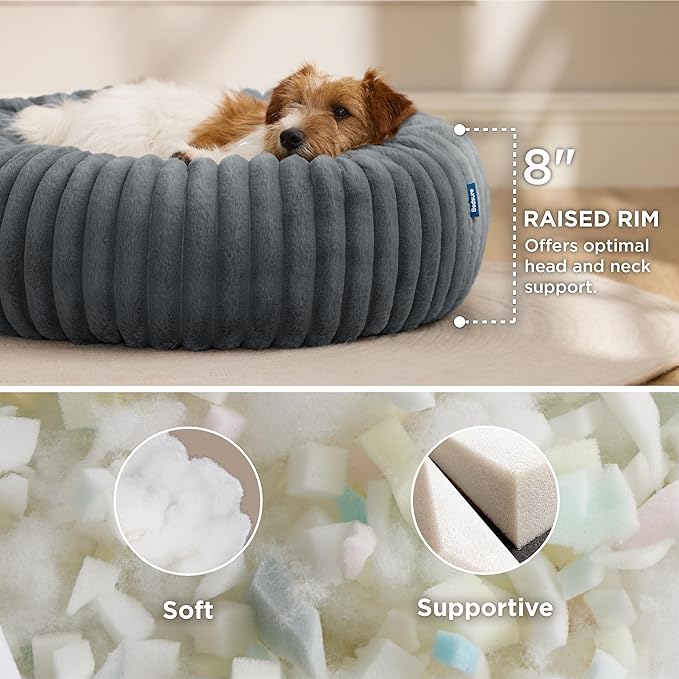 Bedsure ComfyFleece™ Donut Small Dog Bed - Dog Beds for Small Dogs with Corduroy Fleece & Anti Slip Bottom, Round Faux Fur Pet Beds with Washable Removable Cover, Warm Grey, 27x27x8 inches